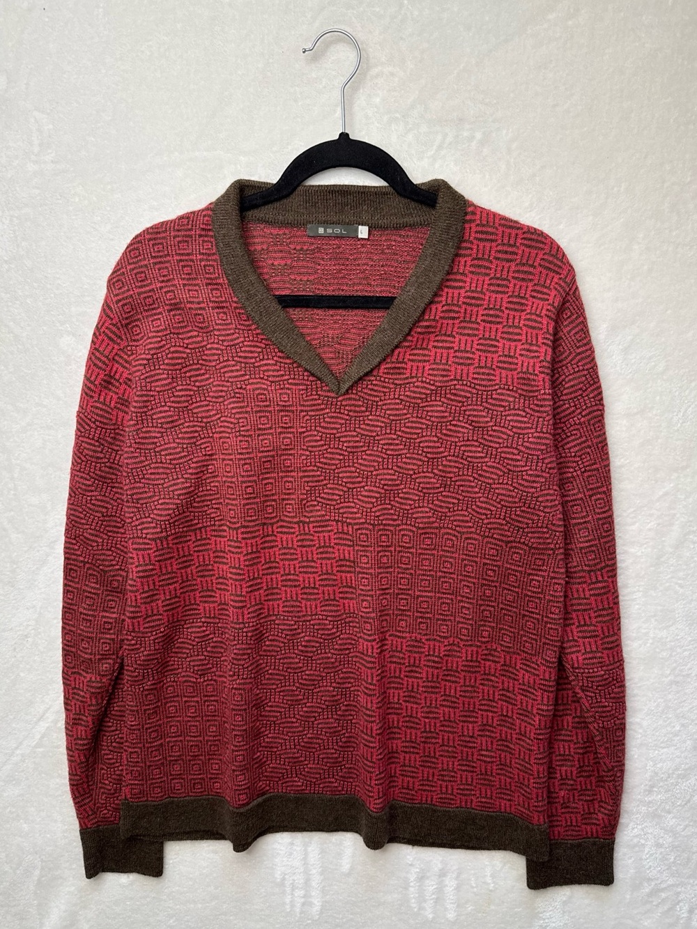 Men's Red Patterned V-Neck Sweater with Brown Trim